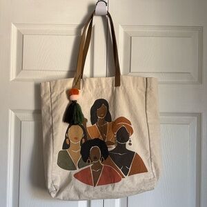 Canvas Tote Bag with Multicolor Abstract Women Artwork - Cream